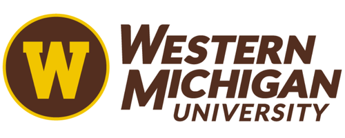 Brown circle with gold "W" inside, with text that reads Western Michigan University.